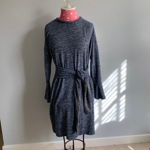 NWT - KM Studios Knit (very soft), Navy Heathered, Ruffled Long Sleeve Dress, S